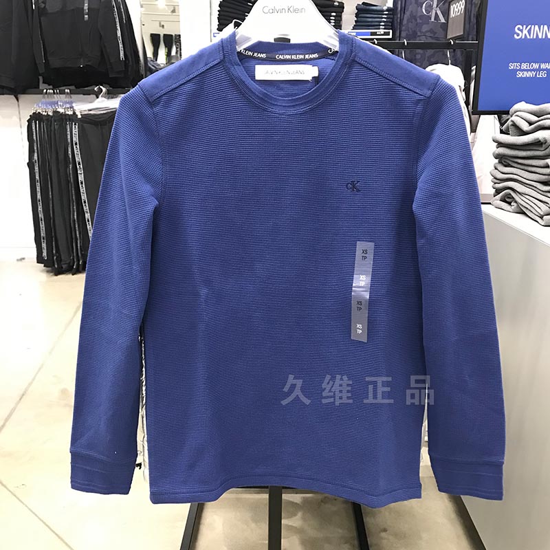 CK Calvin Klein新款男士时尚大标华夫纹纯棉圆领套头长袖T恤潮