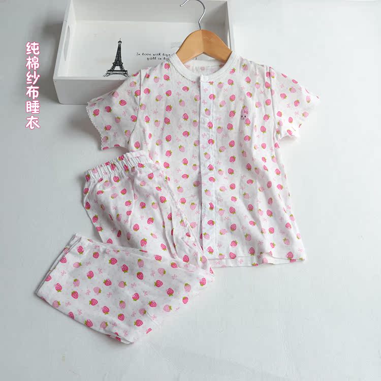 日系寶寶女童睡衣套裝夏季純棉紗布圓領短袖長褲兒童家居服套裝