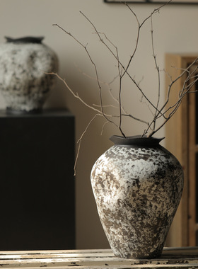 景德镇侘寂风禅意陶瓷大花瓶复古怀旧粗陶陶罐家居插花装饰品摆件