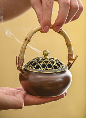 禅意复古提梁盘香炉陶瓷摆件家居茶室远山香薰炉香道仿古吉祥香炉