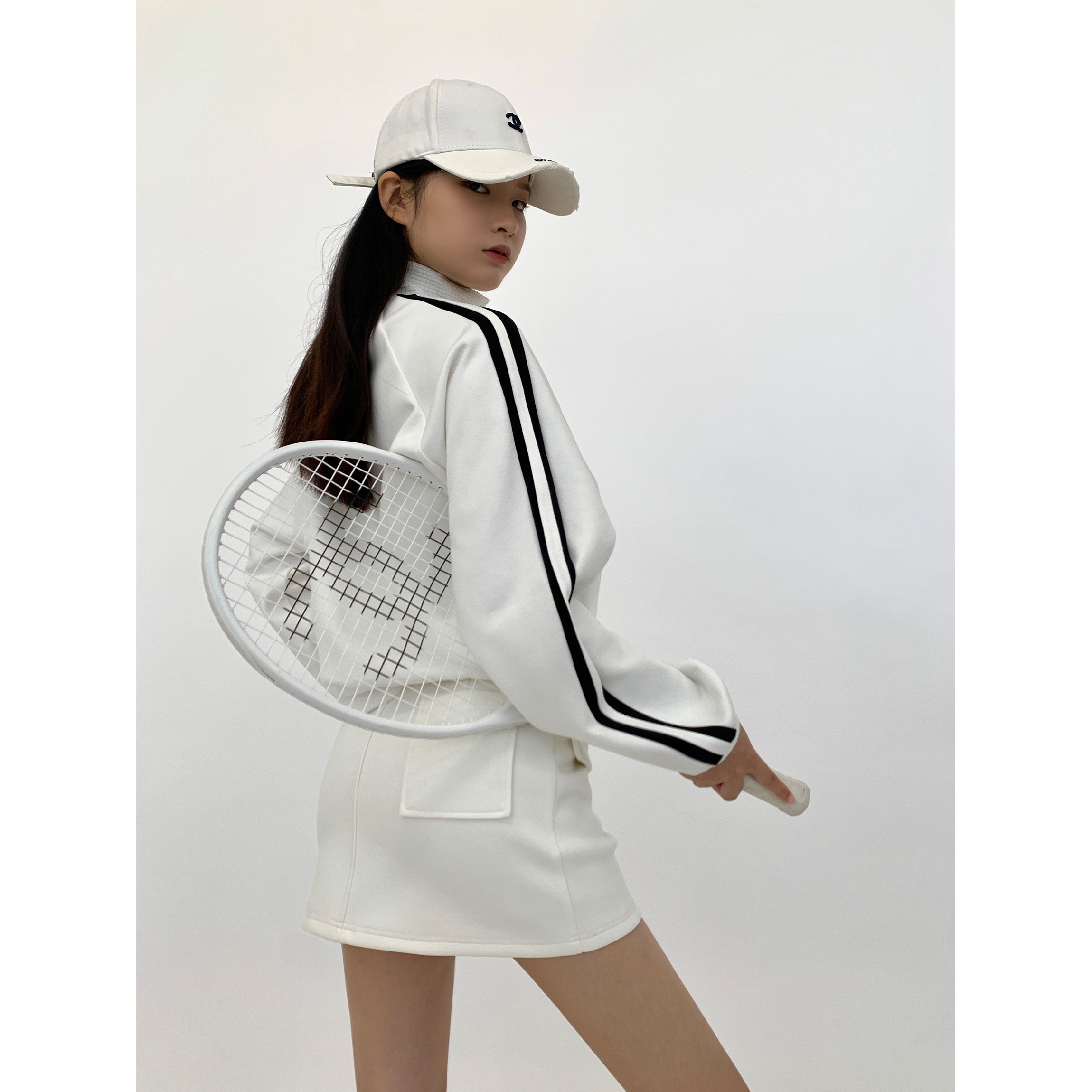 HONORE古月 无性别穿搭 美式双拉链立领撞色春季卫衣外套半裙套装 - 图2