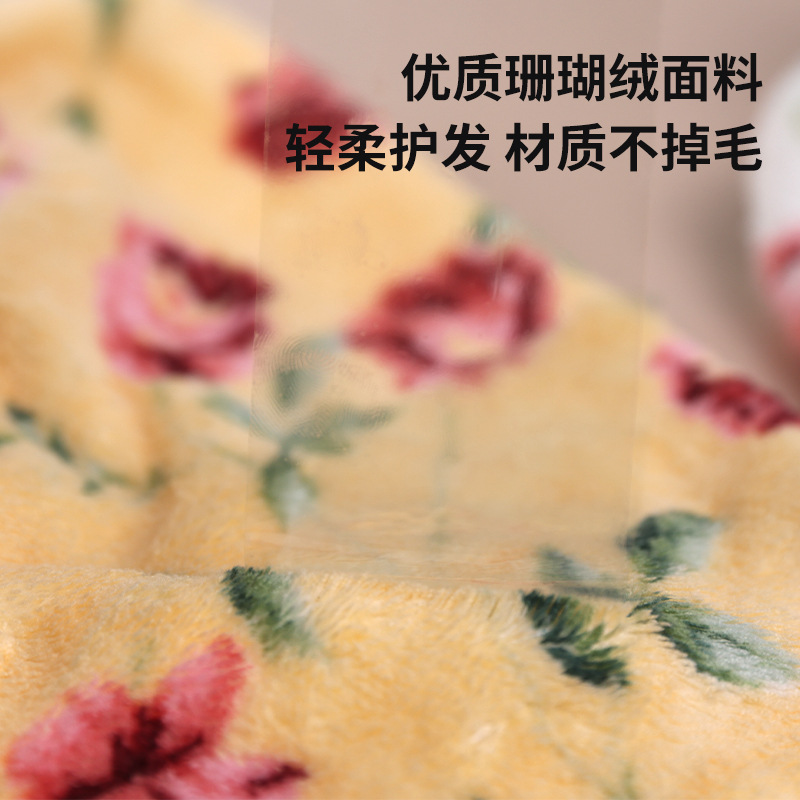 韩国进口 玫瑰花图案 珊瑚绒加厚干发帽裹头巾干发巾长绒7倍吸水 - 图1