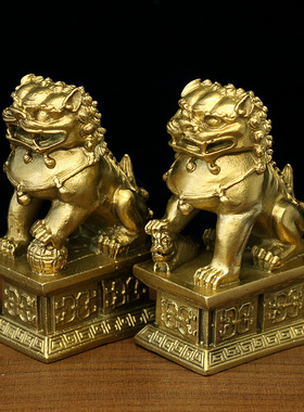 小号纯铜狮子北京狮镇宅摆件黄铜中华狮客厅玄关入户门风水工艺品