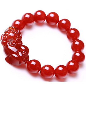 天然材质红玛瑙貔貅手链男女款水晶手串饰品颜色红润晶体通透