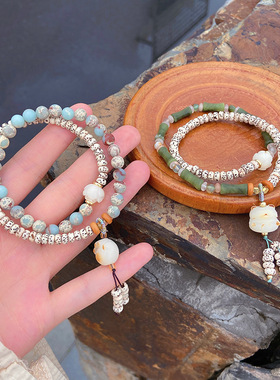 秋季新款中式文艺复古民族风寺庙星月菩提双圈招财猫手串闺蜜手链