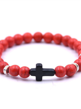 8mm能量天然石白松蓝松水晶手链金属十字架青少年运动款手链手串