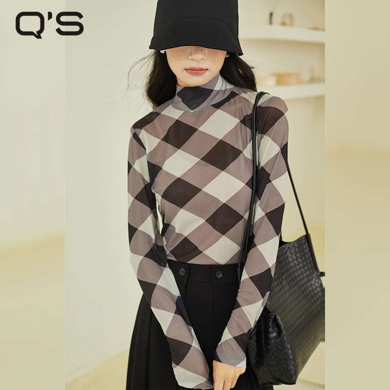qs秸熙2021秋冬新款打底网纱衣小衫 秸熙服饰蕾丝衫/雪纺衫