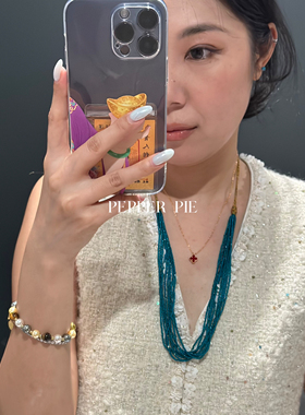 辣椒派手工高定系列 多层孔雀蓝锆石vintage珠宝感串珠抽拉项链女