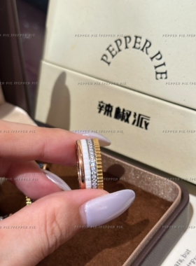 辣椒派精钢可水洗拼色陶瓷罗缎戒指女排戒满钻时来运转高级感轻奢