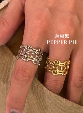 辣椒派秋冬新款 极简多链条猪鼻子造型戒指女 开口戒精致复古时髦