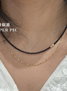 辣椒派 法式极简素雅璀璨黑尖晶石天然串珠项链女 淡水keshi珍珠