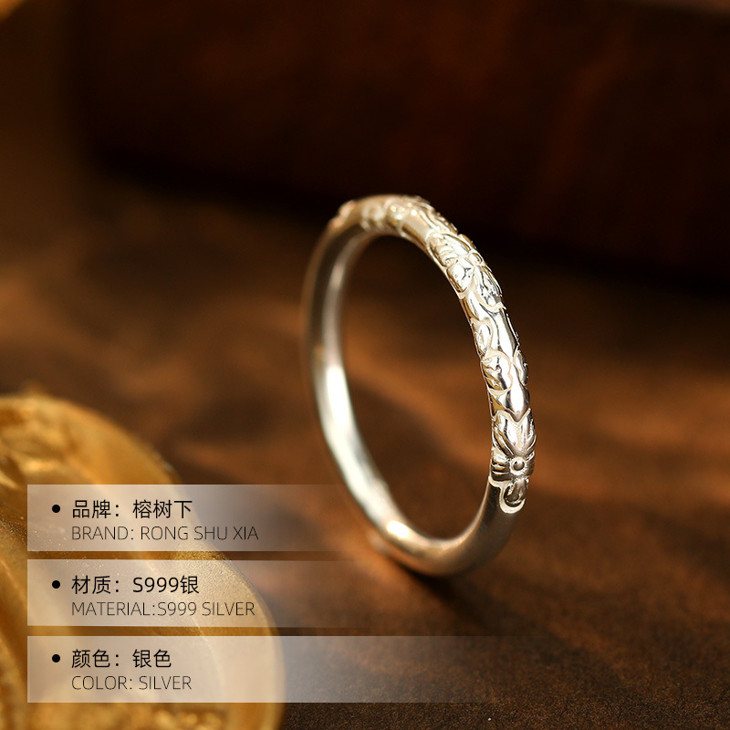 S999银古法浮雕樱花戒指复古素圈足银闭口男女食指环新爆款 - 图1