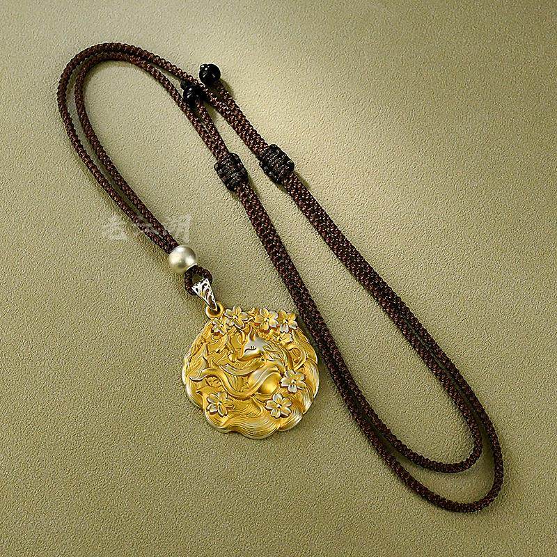 9999足银桃花狐狸吊坠女描金中式金纹颂九尾狐毛衣链挂坠马年礼物,淘宝优惠券,粉丝福利购,淘宝优惠卷