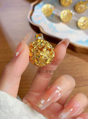 足银9999桃花彩球有球必应吊坠