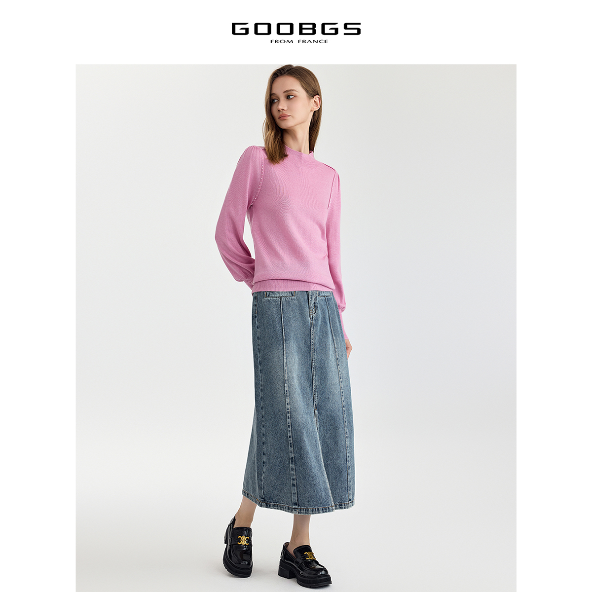 谷邦中长款牛仔半身裙女2025秋季新款气质A字裙复古开叉高腰裙子 - 图3