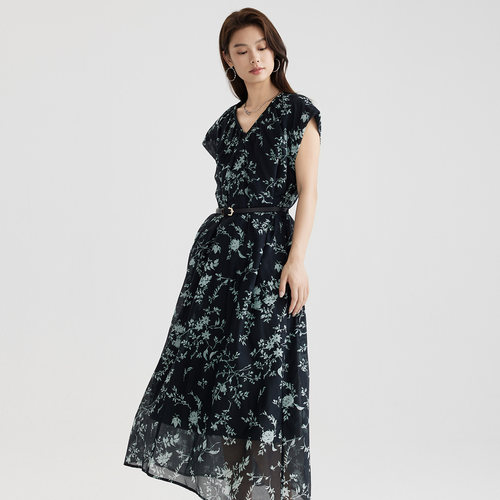 谷邦法式印花连衣裙女2026夏新款桑蚕丝收腰显瘦碎花长款裙子 - 图1