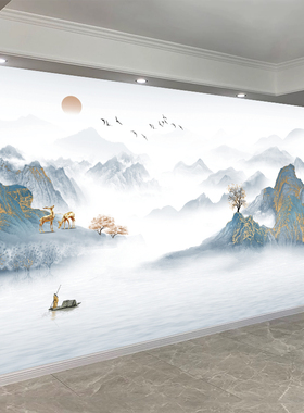 水墨山水画客厅墙纸自粘贴画