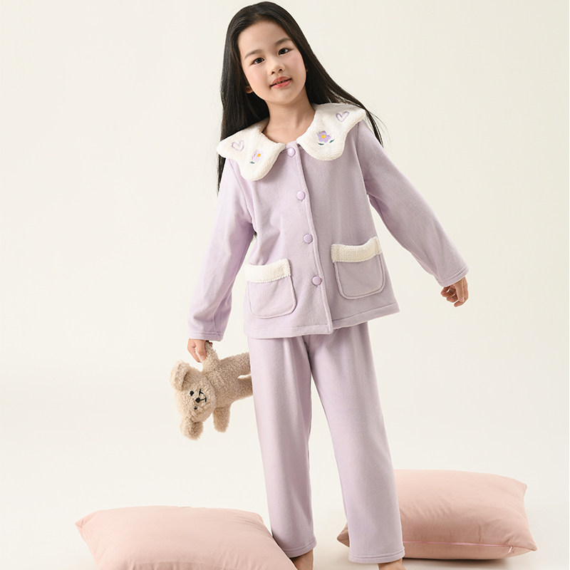 米筱米儿童秋冬海岛绒加厚加绒保暖纯色A类长袖睡衣套女童家居服,淘宝优惠券,粉丝福利购,淘宝优惠卷