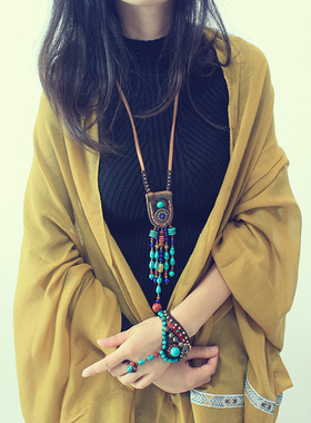 绿松石复古少数民族文艺毛衣项链