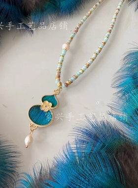 孔雀羽毛项链点翠项链孔雀毛锁骨链原创设计手工国风小众轻奢