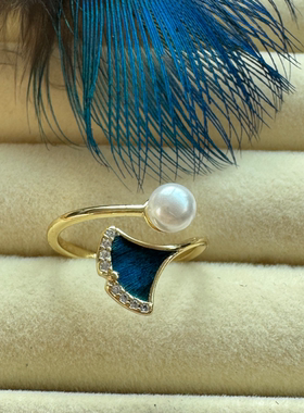 孔雀羽毛点翠戒指非遗渐变色戒指 开口圈可调节