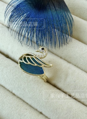 非遗纯手工  点翠戒指  孔雀毛戒指  开口圈可调节  淡水珍珠戒指
