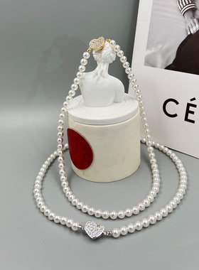 法式复古高级感镶郜爱心珍珠项链