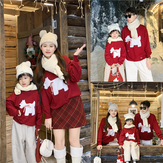 高端亲子装一家三口母女母子装秋冬毛衣元旦新年拜年服全家装潮
