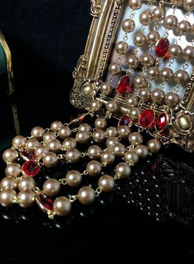 欧美项链复古珍珠红手工玻璃铜材质长款项链毛衣链小香风饰品设计