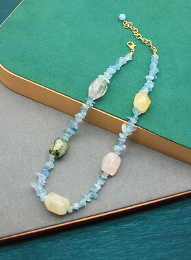 春夏新款小清新蓝色碎石项链串珠紫绿水晶耳饰简约设计浪漫假日风