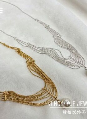 法式宫廷风多层蕾丝珍珠项链 中古vintage复古锁骨链轻奢波纹项链