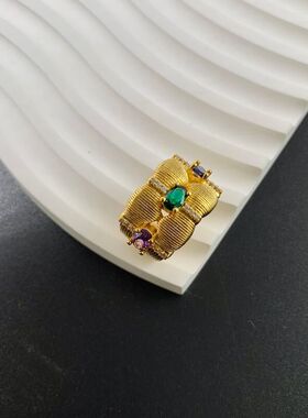 青岛中古vintage 西洋复古铜镀真金彩色锆石撞色可调节法式指环