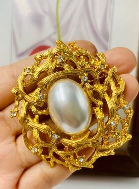 中古vintage 西洋电镀真金素金 熔岩枝干质感满钻防珍珠胸针胸饰