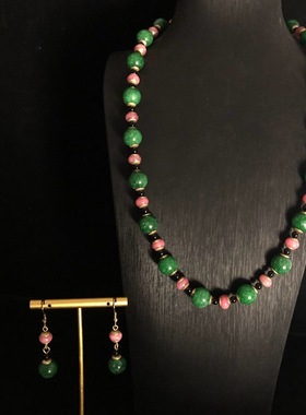 中古西洋风绿色玛瑙西瓜石串珠中长款项链同款配套耳环毛衣链百搭