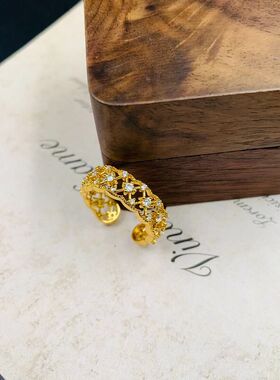 中古vintage锆石镂空戒指 优雅气质简约戒指 大气典雅轻奢手饰