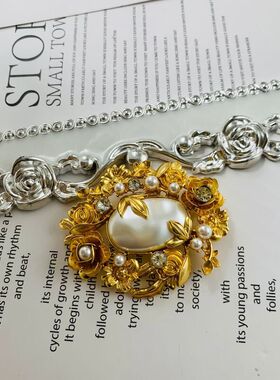 中古vintage花朵套装电镀真金立体雕花珍珠花朵项链套装