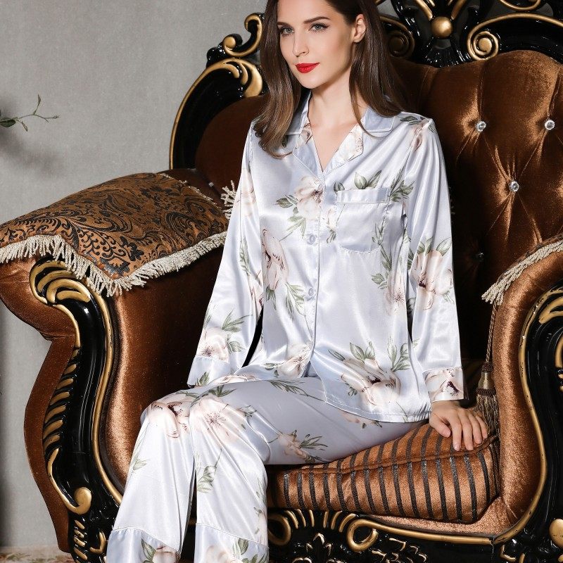 秋季冰丝翻领长袖仿真丝绸睡衣 姬斯德妮睡衣/家居服套装