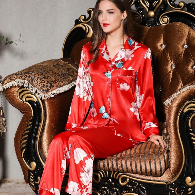 秋冰丝长袖长裤大码丝绸仿真女睡衣 姬斯德妮睡衣/家居服套装