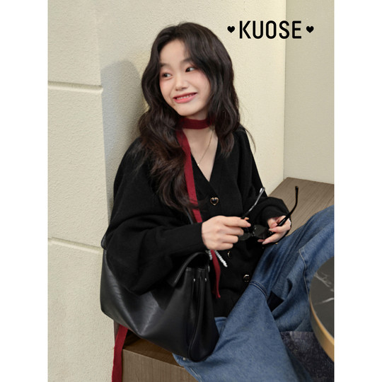 阔色黑色v领针织衫毛衣开衫女25秋冬新款宽松气质薄长袖上衣外套