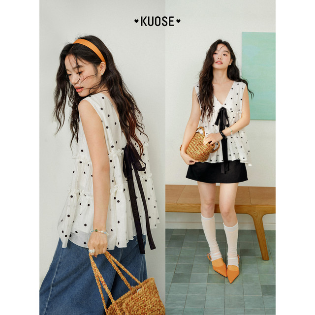 Temperament polka dot babydoll shirt lace shirt vest