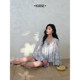 ເສື້ອຢືດ chiffon ຄໍ V-neck ruffled ພິມສອງຊຸດສໍາລັບແມ່ຍິງ