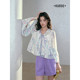 ເສື້ອຢືດ chiffon ຄໍ V-neck ruffled ພິມສອງຊຸດສໍາລັບແມ່ຍິງ