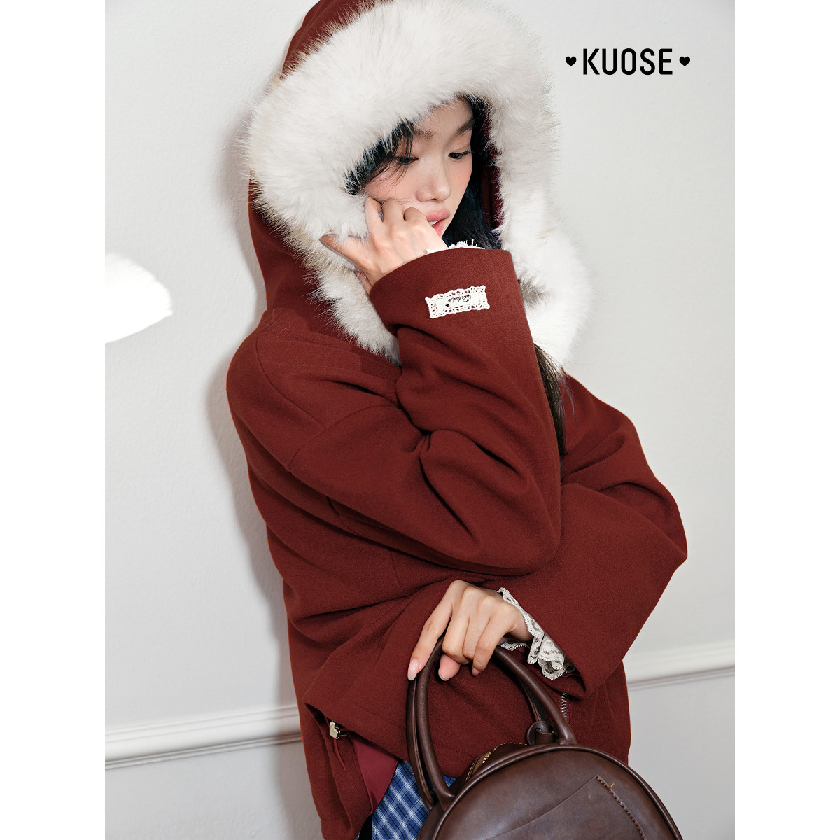 阔色灰紫色连帽毛领呢子大衣女2025秋冬新款慵懒红色毛呢外套短款,淘宝优惠券,粉丝福利购,淘宝优惠卷