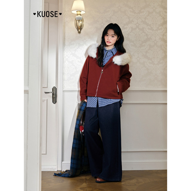 Gray purple hooded fur collar woolen coat