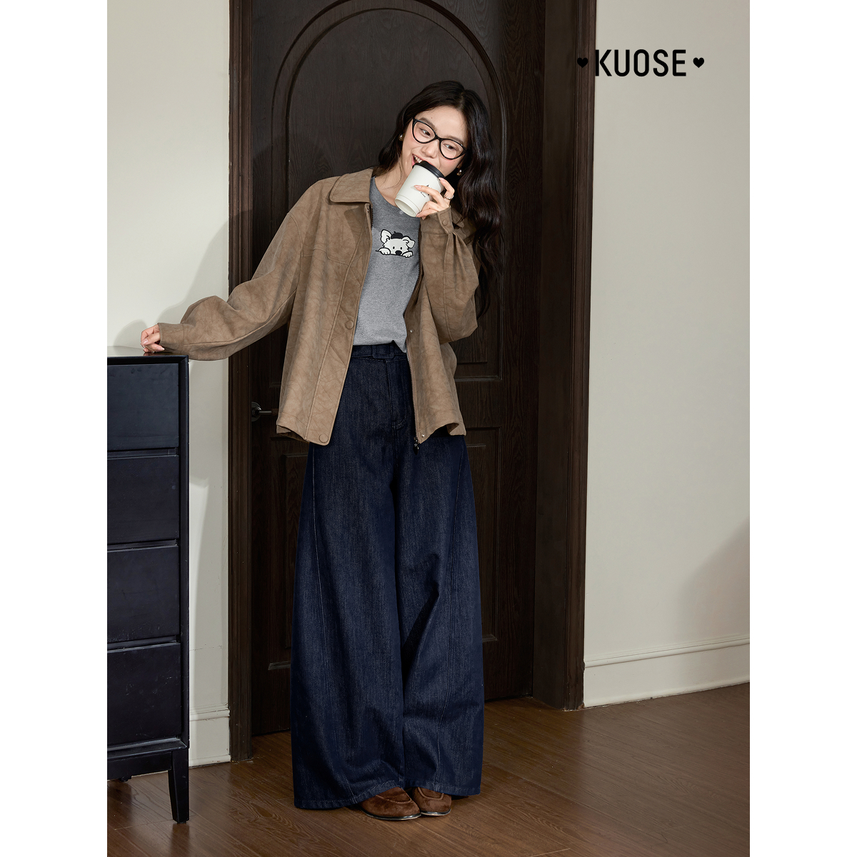 阔色美拉德复古翻领休闲夹克皮衣外套女2025秋冬季新款卡其色上衣 - 图1