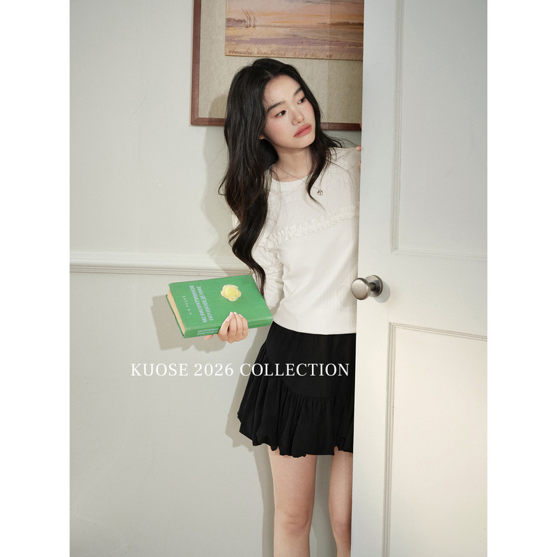 阔色假两件木耳边针织内搭打底衫2026春季新款女装泡泡长袖t恤秋,淘宝优惠券,粉丝福利购,淘宝优惠卷