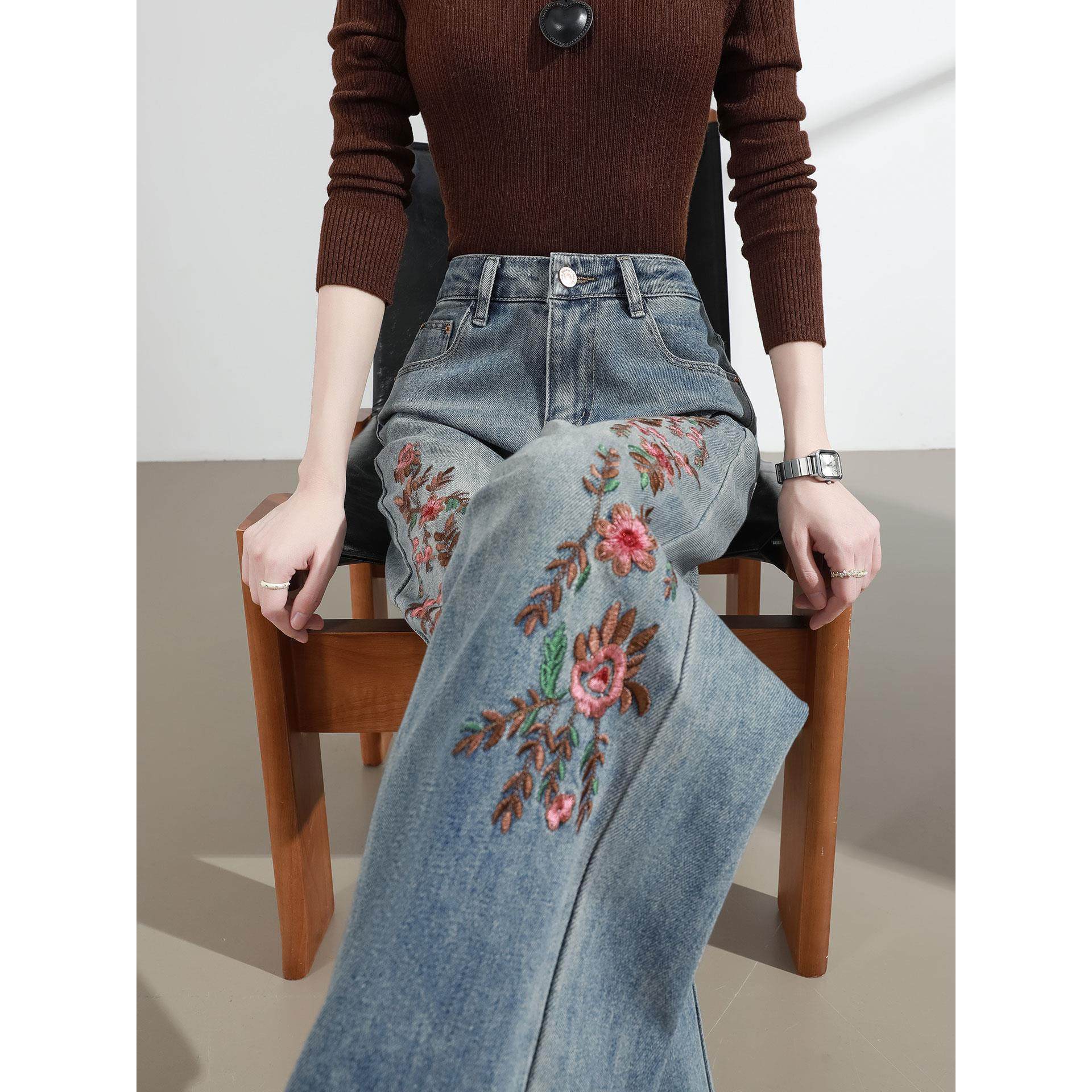PLER高腰国风刺绣阔腿牛仔裤女春秋新款宽松显瘦垂感直筒拖地裤子,淘宝优惠券,粉丝福利购,淘宝优惠卷