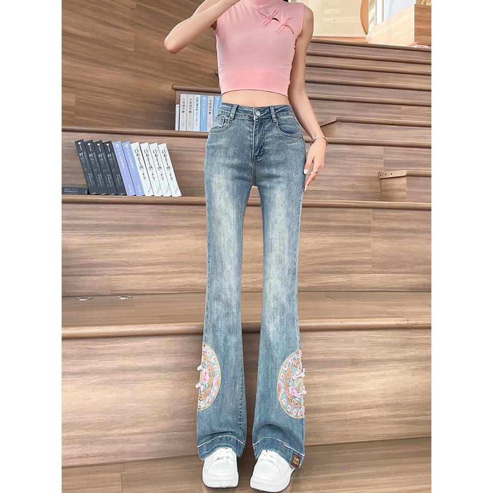 高腰国风刺绣微喇牛仔裤女春秋季薄款显瘦民族风绣花马蹄喇叭裤子 - 图1