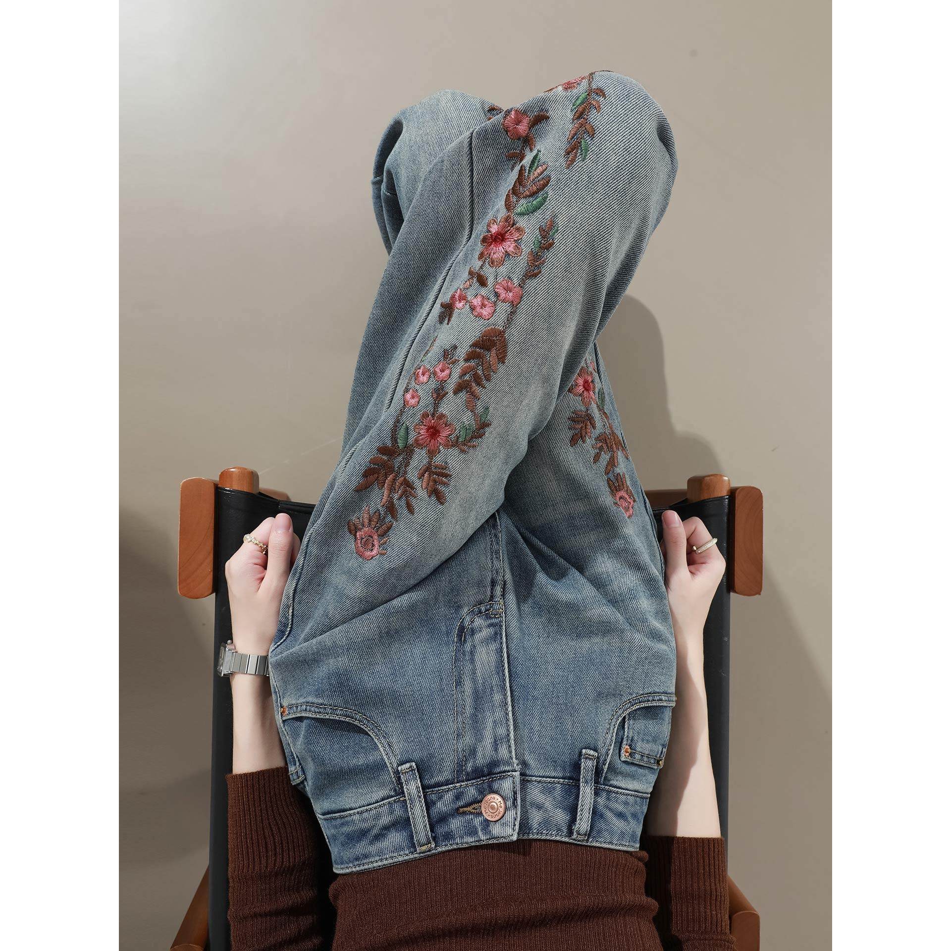 PLER高腰国风刺绣阔腿牛仔裤女春秋新款宽松显瘦垂感直筒拖地裤子,淘宝优惠券,粉丝福利购,淘宝优惠卷