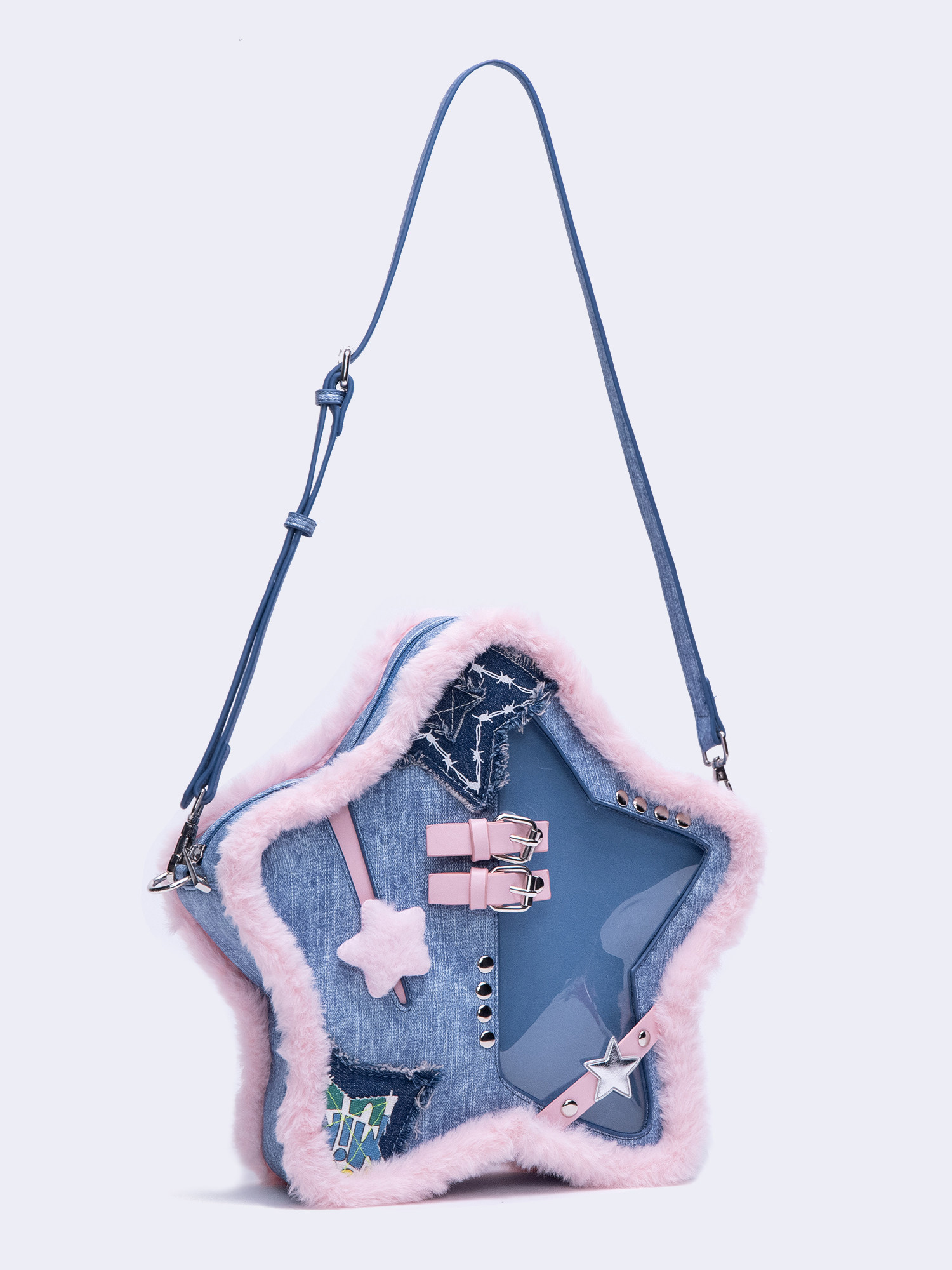 HIATUS原创设计牛仔蓝粉撞色五角星痛包毛边皮扣铆钉双肩斜挎小包,淘宝优惠券,粉丝福利购,淘宝优惠卷